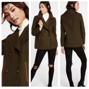Express Women's Green/Red Piped Peacoat  Double Breasted Size Small/P